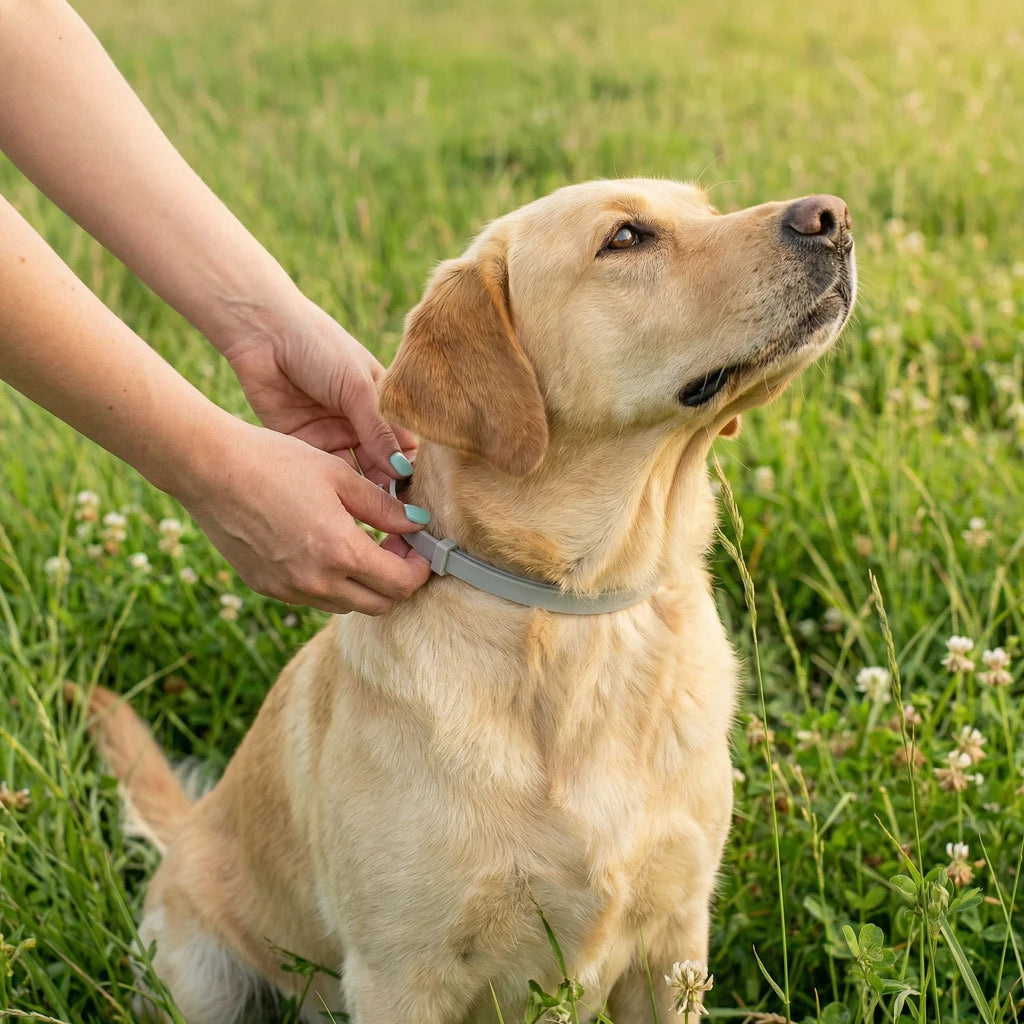 Female hand applying Floremo flea and tick collar to a dog