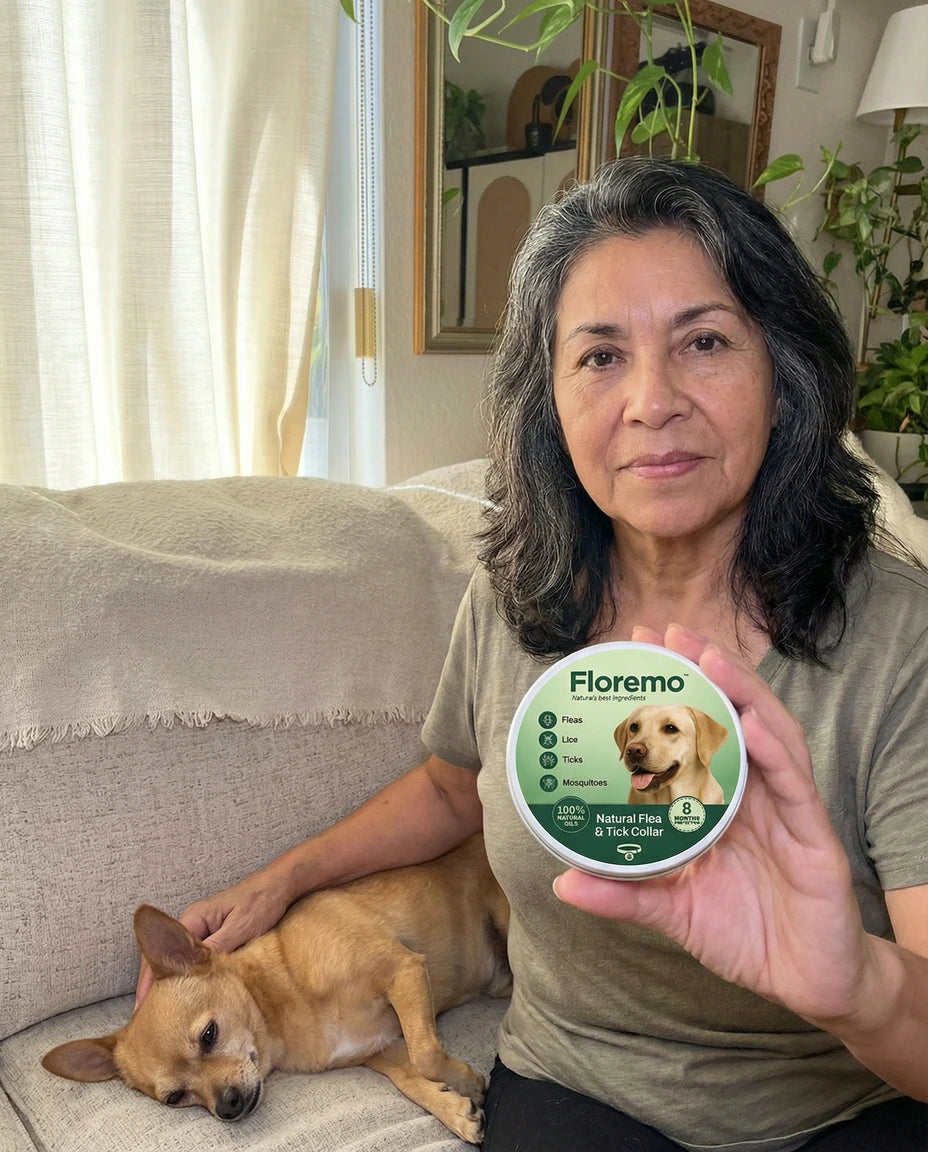 Satisfied dog owner with Floremo flea and tick collar